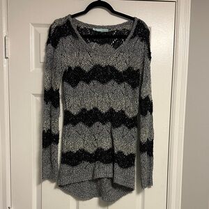 Maurices Open Knit Chevron Stripe Sweater with Sequins - Gray & Black- Y2Kstyle